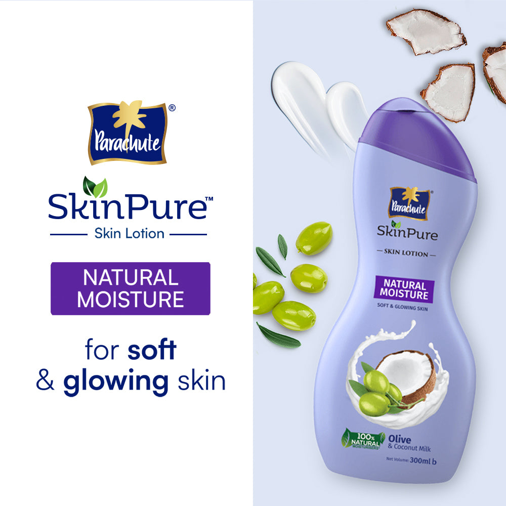 Parachute SkinPure Natural Moisture Body Lotion with Olive & Coconut Milk,For Soft, Glowing, Nourished Skin, 100% Natural Moisturizers, All Skin Types (100ml)