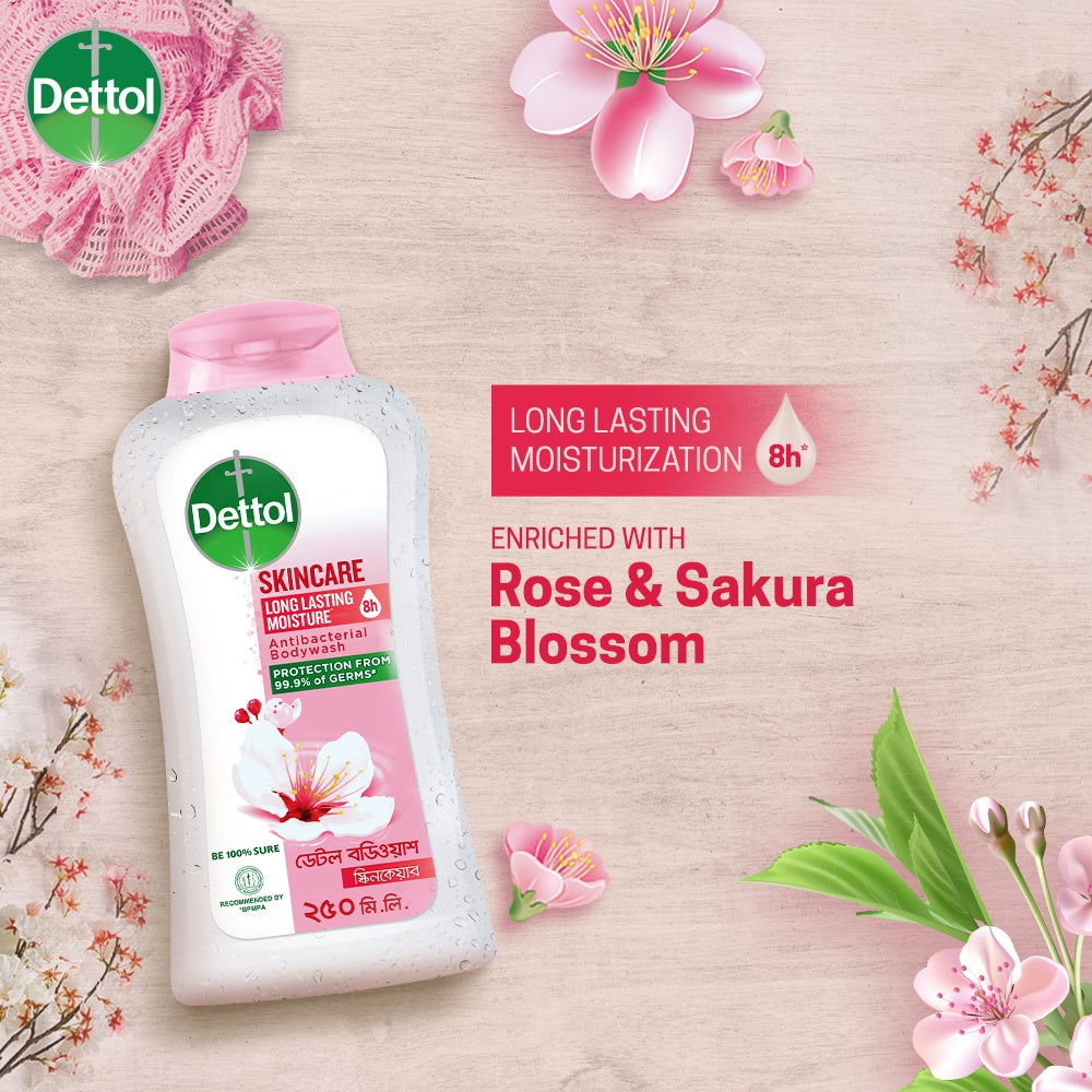 Dettol Body Wash Loofah Free Shower Gel Skincare Rose and Sakura Blossom with 8 Hour Lasting Moisture (250ml)