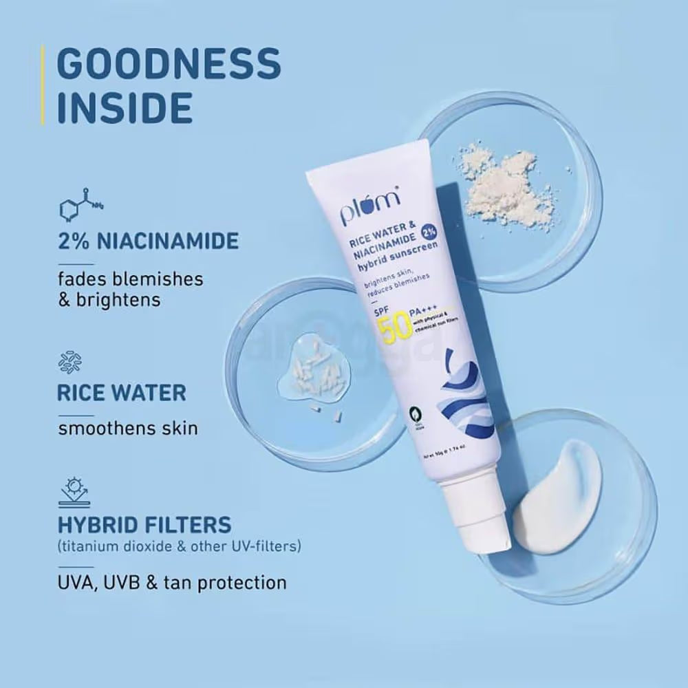 Plum Rice Water & 2% Niacinamide SPF 50 PA+++ Hybrid Sunscreen (50g)