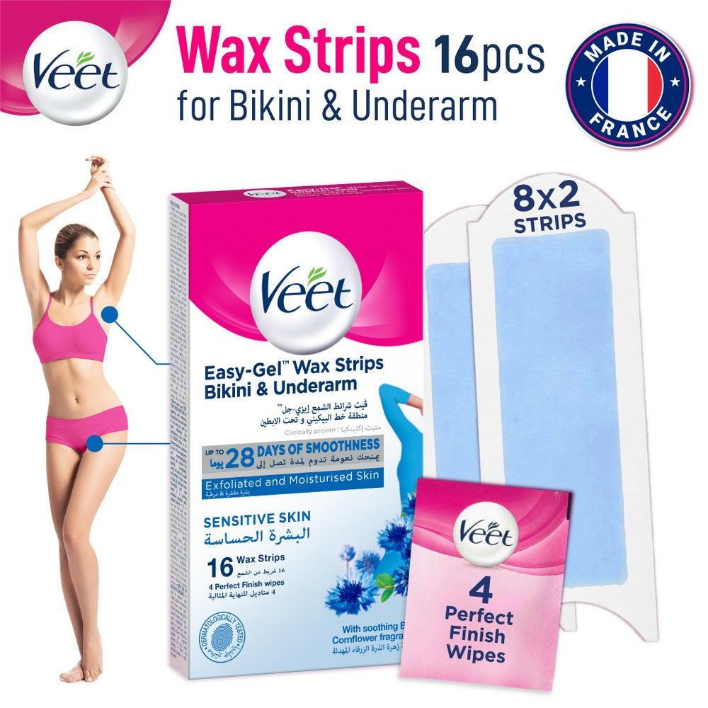 Veet Easy Gel Bikini Line and Underarm 16 Wax Strips For Sensitive