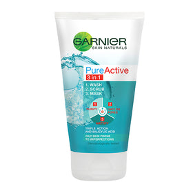 Garnier Pure Active 3 in 1 Clay Mask Scrub Wash Oily Skin (150ml)