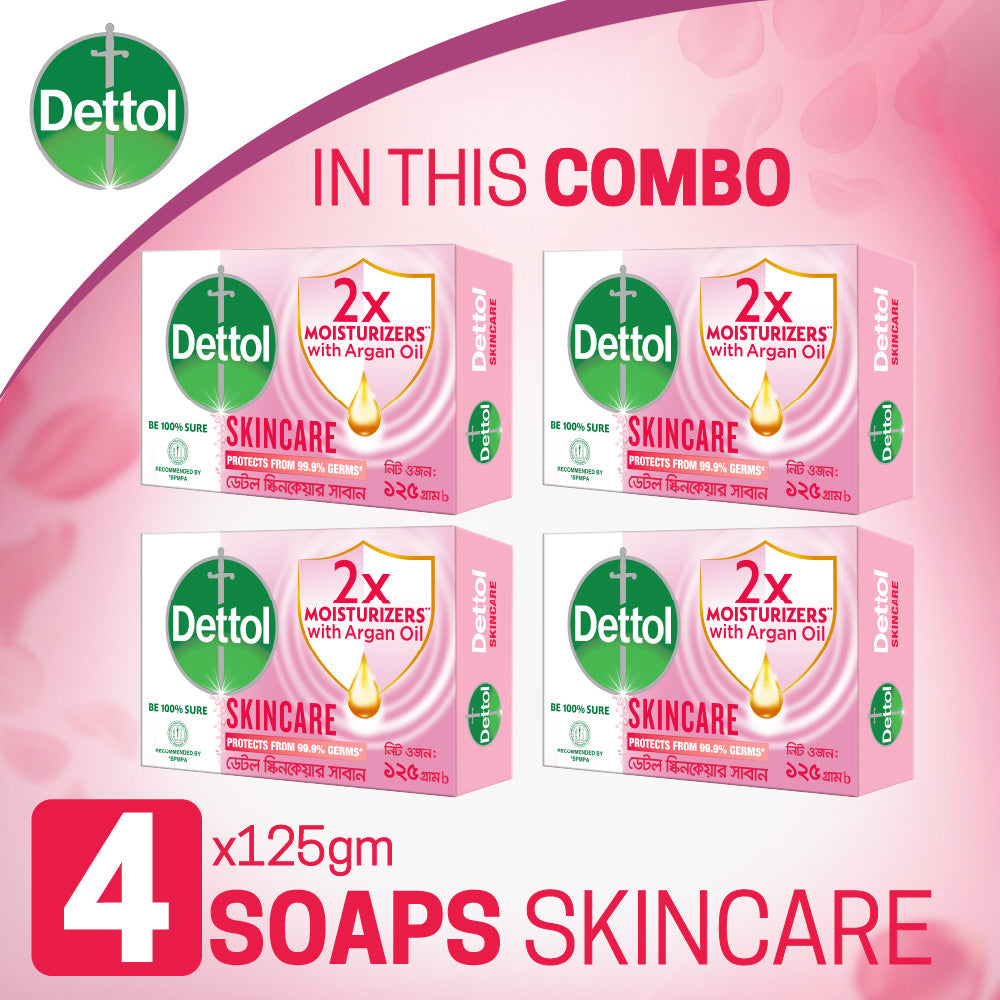 Dettol Soap Skincare Quad Pack (125gm X 4), 2X Moisturizers with Argan Oil Bathing Bar
