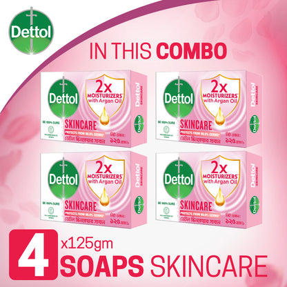 Dettol Soap Skincare Quad Pack (125gm X 4), 2X Moisturizers with Argan Oil Bathing Bar
