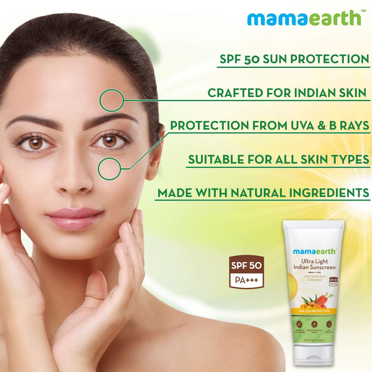 Mamaearth Ultra Light Indian Sunscreen with Carrot Seed, Turmeric and SPF 50 PA+++ (80ml)