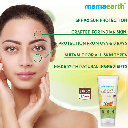 Mamaearth Ultra Light Indian Sunscreen with Carrot Seed, Turmeric and SPF 50 PA+++ (80ml)