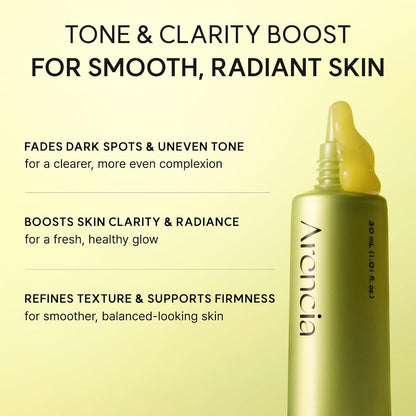 Arencia Vitamin C Booster Shot Serum 30ml fades dark spots and uneven tone boosts skin clarity and radiance and refines texture and support firmness