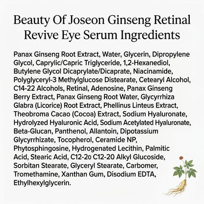 Beauty of Joseon Ginseng + Retinal Revive Eye Serum (30ml) key ingredients
