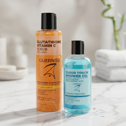 Guerniss Raw Shower Gel Bogo (Glutathione Hyaluronic Acid Shower Gel - Cloud Touch + Glutathione Vitamin C Face &amp; Body Scrub)