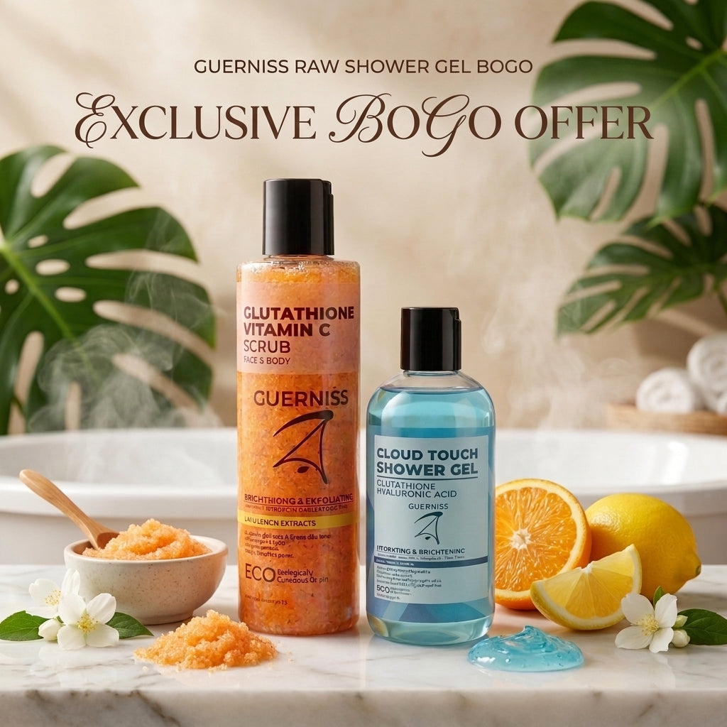 Guerniss Raw Shower Gel Bogo (Glutathione Hyaluronic Acid Shower Gel - Cloud Touch + Glutathione Vitamin C Face &amp; Body Scrub)