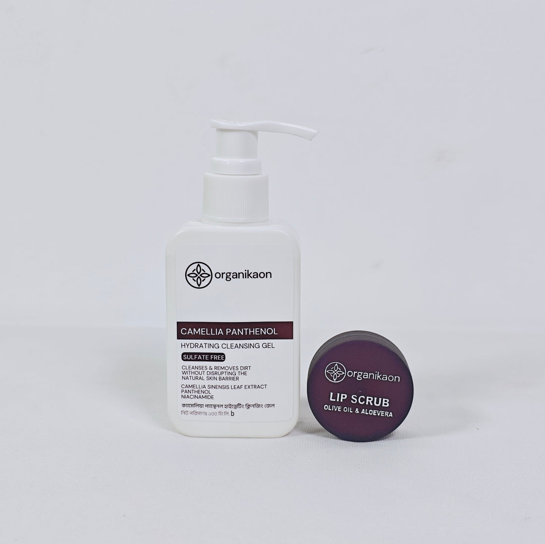 Organikaon Face &amp; Lip Essentials (Camellia Panthenol Hydrating Cleansing Gel Facewash 100ml + Exfoliating Lip Scrub 10gm)