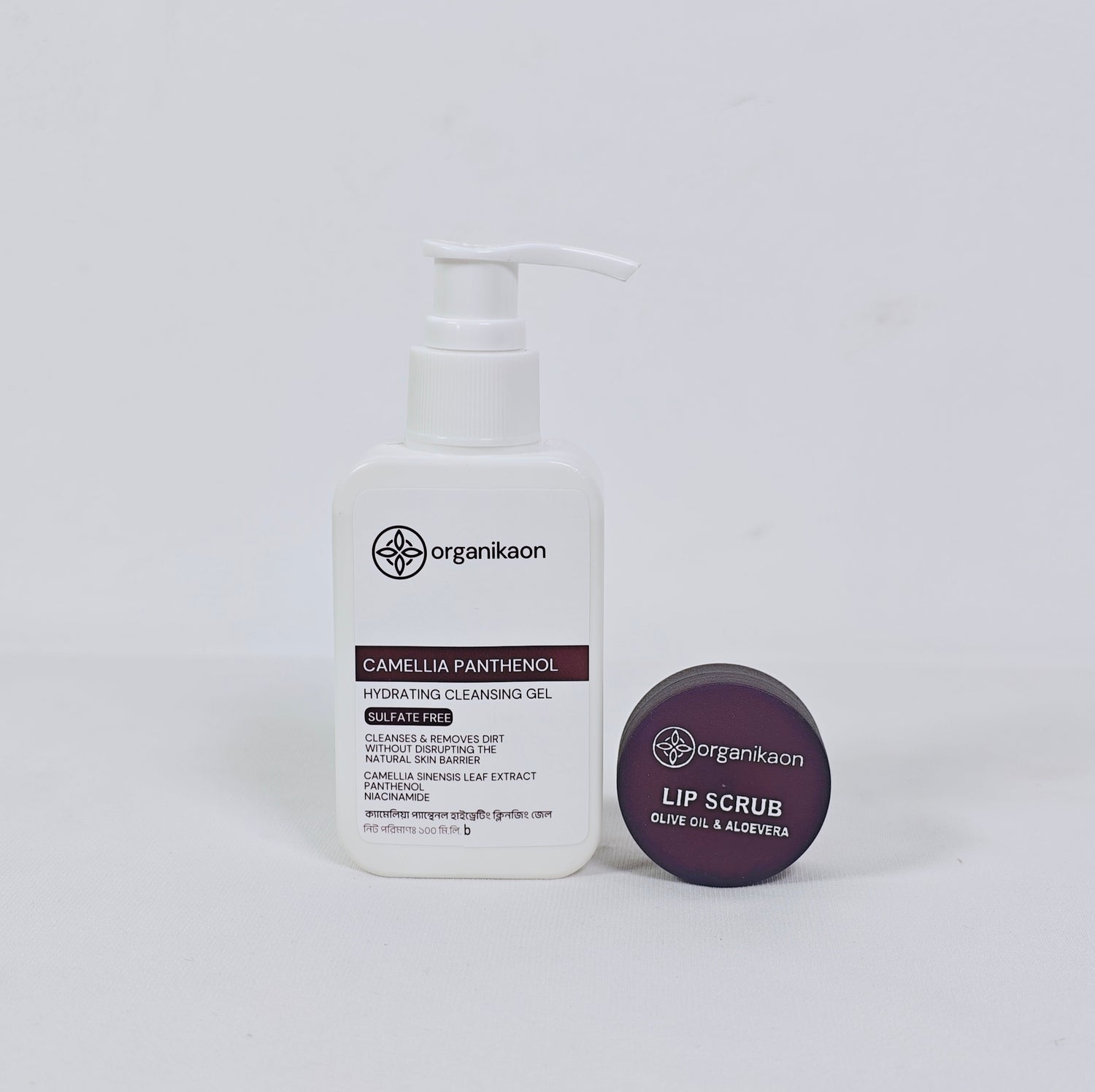 Organikaon Face &amp; Lip Essentials (Camellia Panthenol Hydrating Cleansing Gel Facewash 100ml + Exfoliating Lip Scrub 10gm)