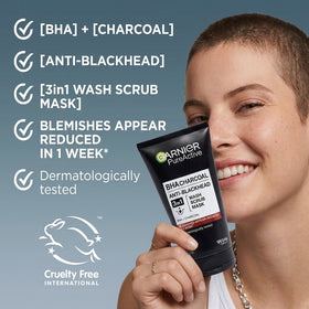 Garnier Pure Active BHA Charcoal Anti Blackhead 3in1 Wash Scrub Mask 150ml-2