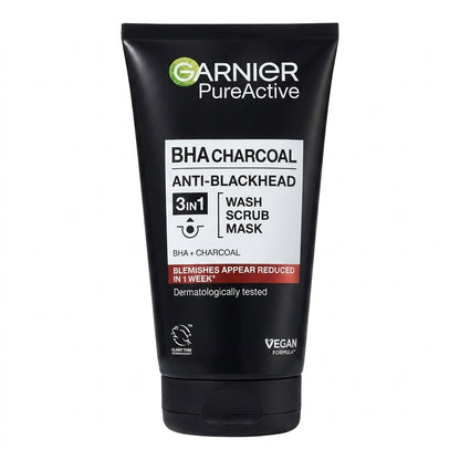 Garnier Pure Active BHA Charcoal Anti Blackhead 3in1 Wash Scrub Mask 150ml