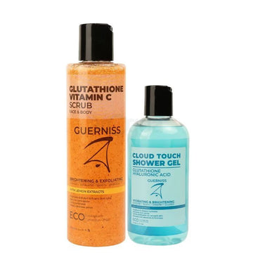 Guerniss Raw Shower Gel Bogo (Glutathione Hyaluronic Acid Shower Gel - Cloud Touch + Glutathione Vitamin C Face &amp; Body Scrub)