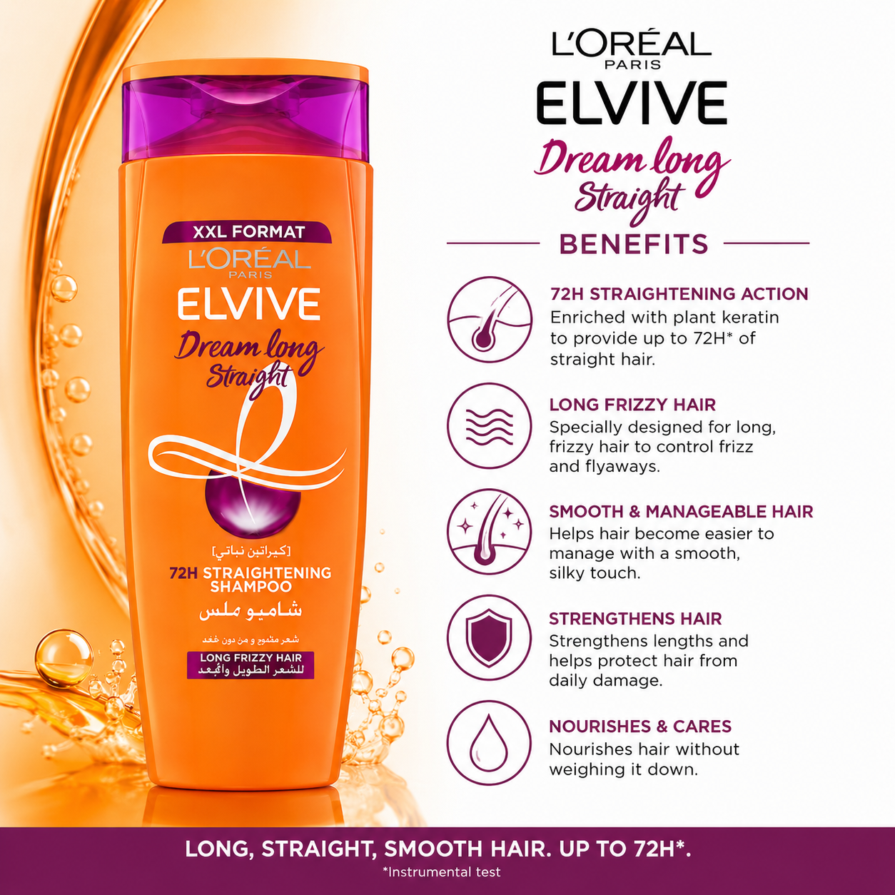 Loreal Paris Elvive Dream Long Straight Shampoo 72H for Long Frizzy Hair (600ml)