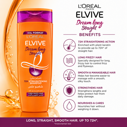 Loreal Paris Elvive Dream Long Straight Shampoo 72H for Long Frizzy Hair (600ml)