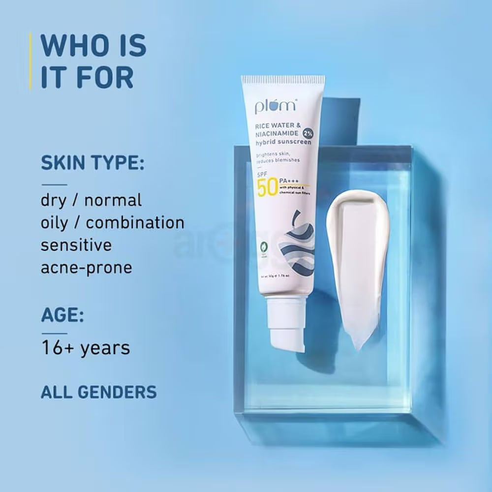 Plum Rice Water &amp; 2% Niacinamide SPF 50 PA+++ Hybrid Sunscreen (50g)