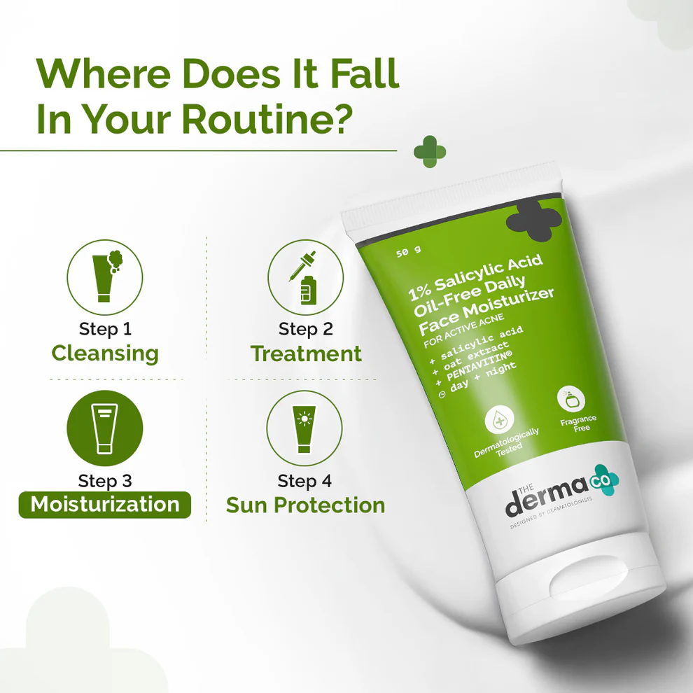 The Derma Co 1% Salicylic Acid Oil-Free Face Moisturizer for Active Acne (50g) routine