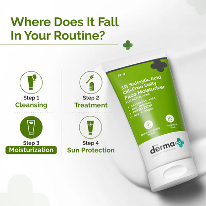The Derma Co 1% Salicylic Acid Oil-Free Face Moisturizer for Active Acne (50g) routine
