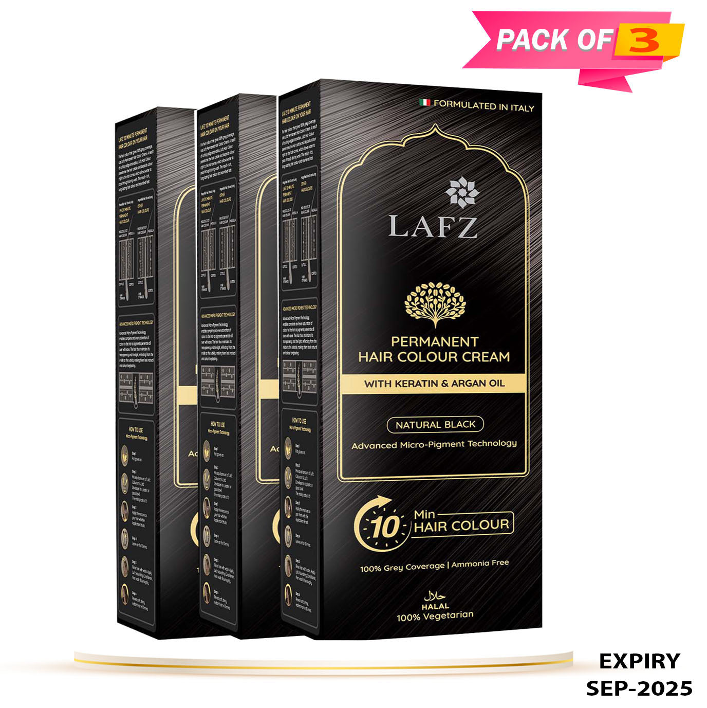 Lafz Permanent 10 Min Hair Color Cream Dubai (40ml) - Natural Black (Pack of 03)
