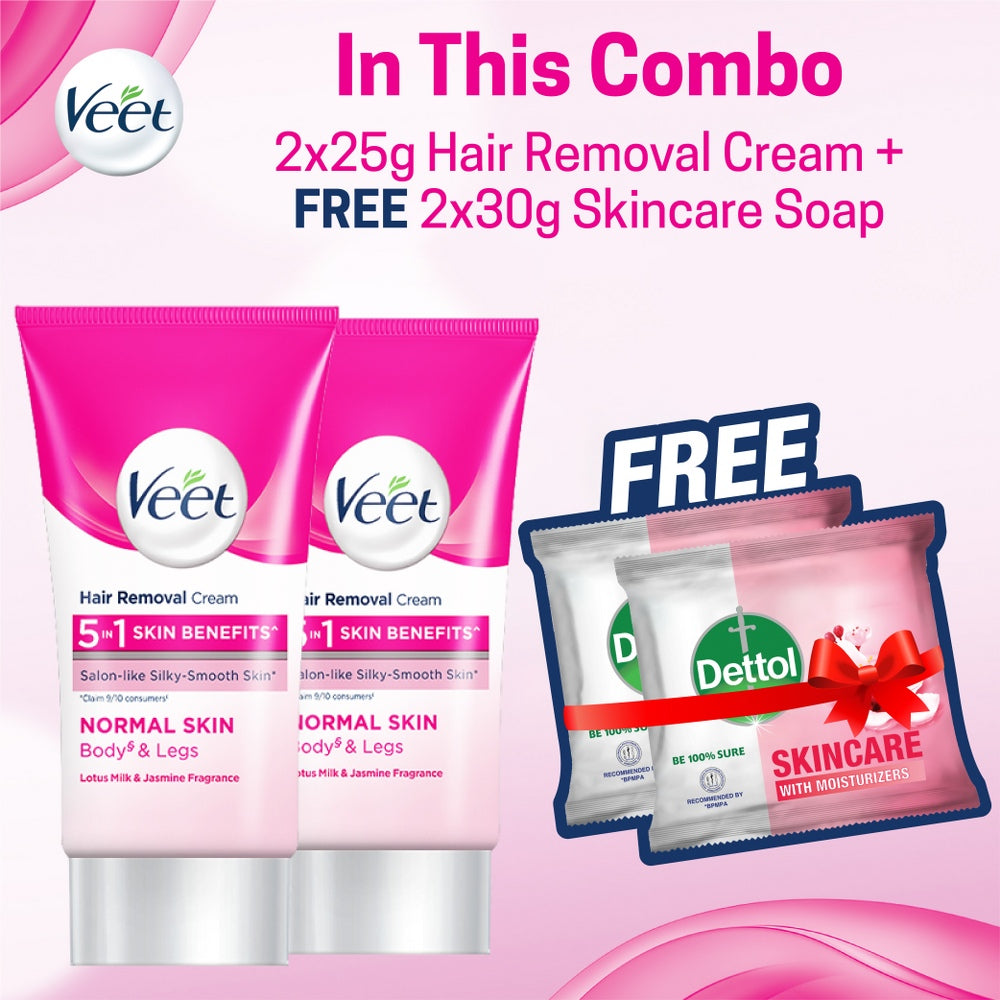 Veet Hair Removal Cream Normal Skin (25gm) Pack of 2 (25gx2) - Free 2 Dettol Mini Soap