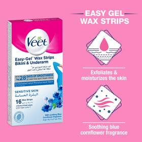 Veet Easy Gel Bikini Line and Underarm 16 Wax Strips For Sensitive Skin
