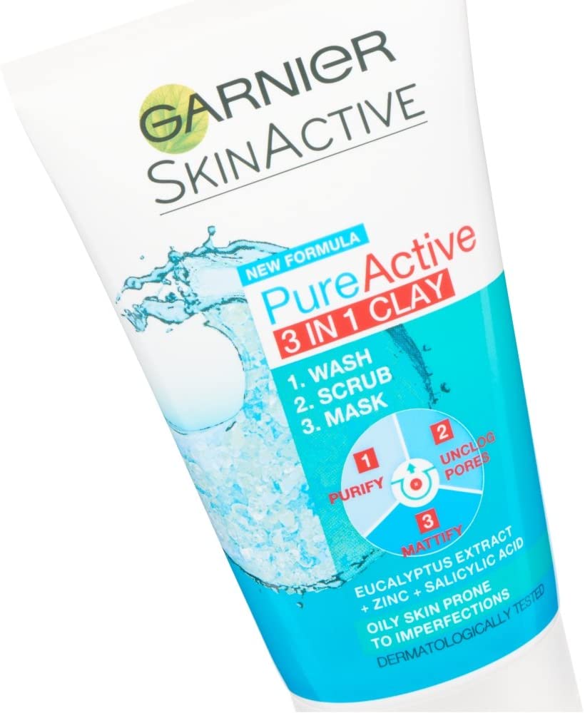 Garnier Pure Active 3 in 1 Clay Mask Scrub Wash Oily Skin (150ml)
