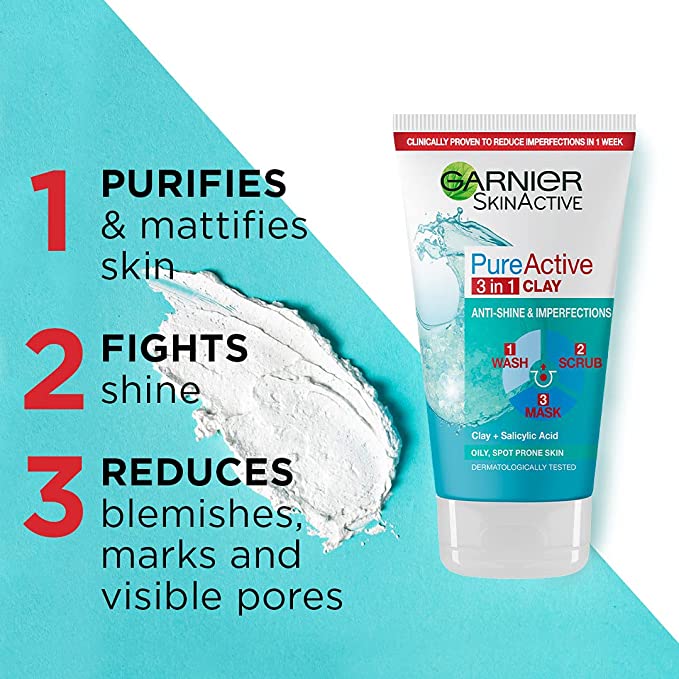 Garnier Pure Active 3 in 1 Clay Mask Scrub Wash Oily Skin (150ml)