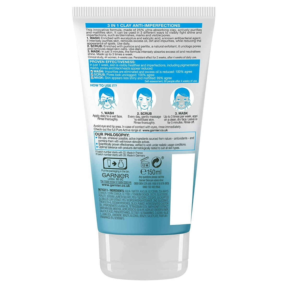 Garnier Pure Active 3 in 1 Clay Mask Scrub Wash Oily Skin (150ml)