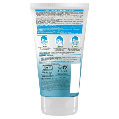 Garnier Pure Active 3 in 1 Clay Mask Scrub Wash Oily Skin (150ml)