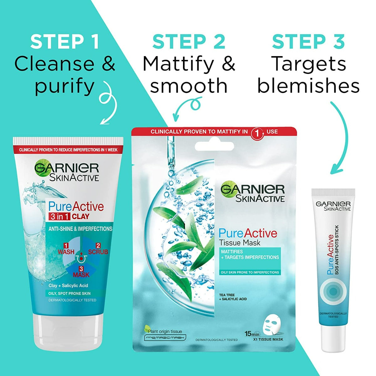 Garnier Pure Active 3 in 1 Clay Mask Scrub Wash Oily Skin (150ml)